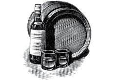 Графика на бутилка Лафройг с бъчва и чаши